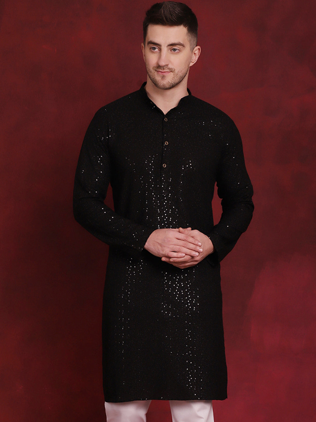 Jompers Men's Sequins Chikankari Kurta - Black | Grocsy