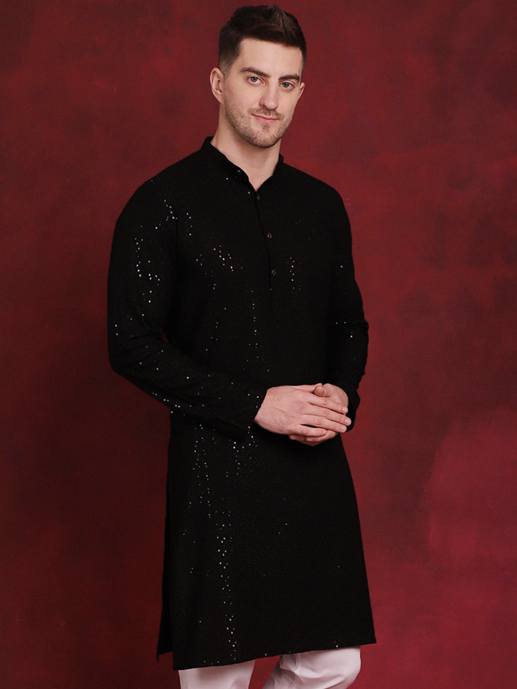 Jompers Men's Sequins Chikankari Kurta - Black | Grocsy