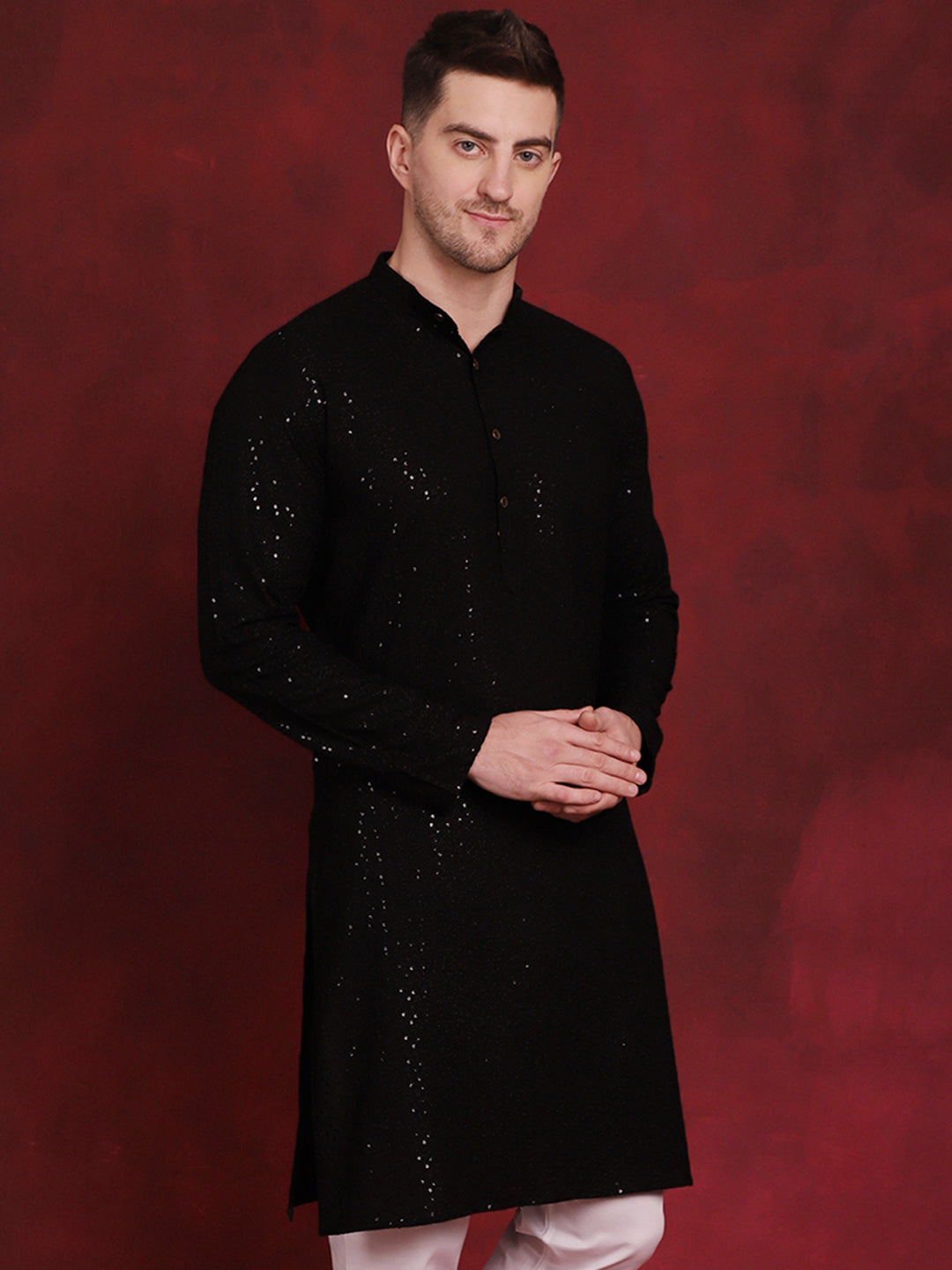 Jompers Men's Sequins Chikankari Kurta - Black | Grocsy