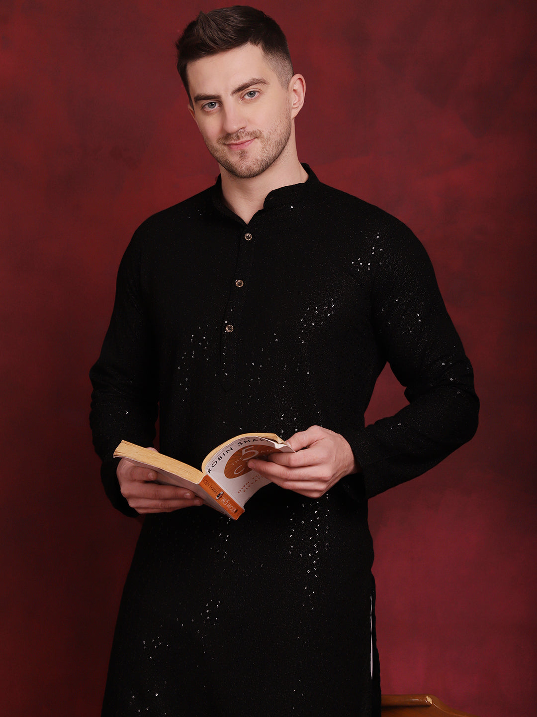 Jompers Men's Sequins Chikankari Kurta - Black | Grocsy