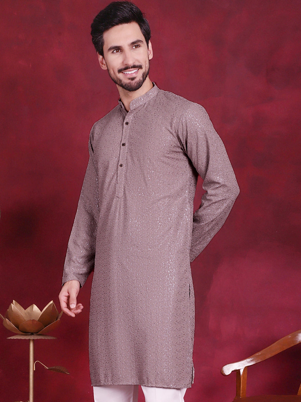 Jompers Men's Sequins Chikankari Kurta - Grey | Grocsy