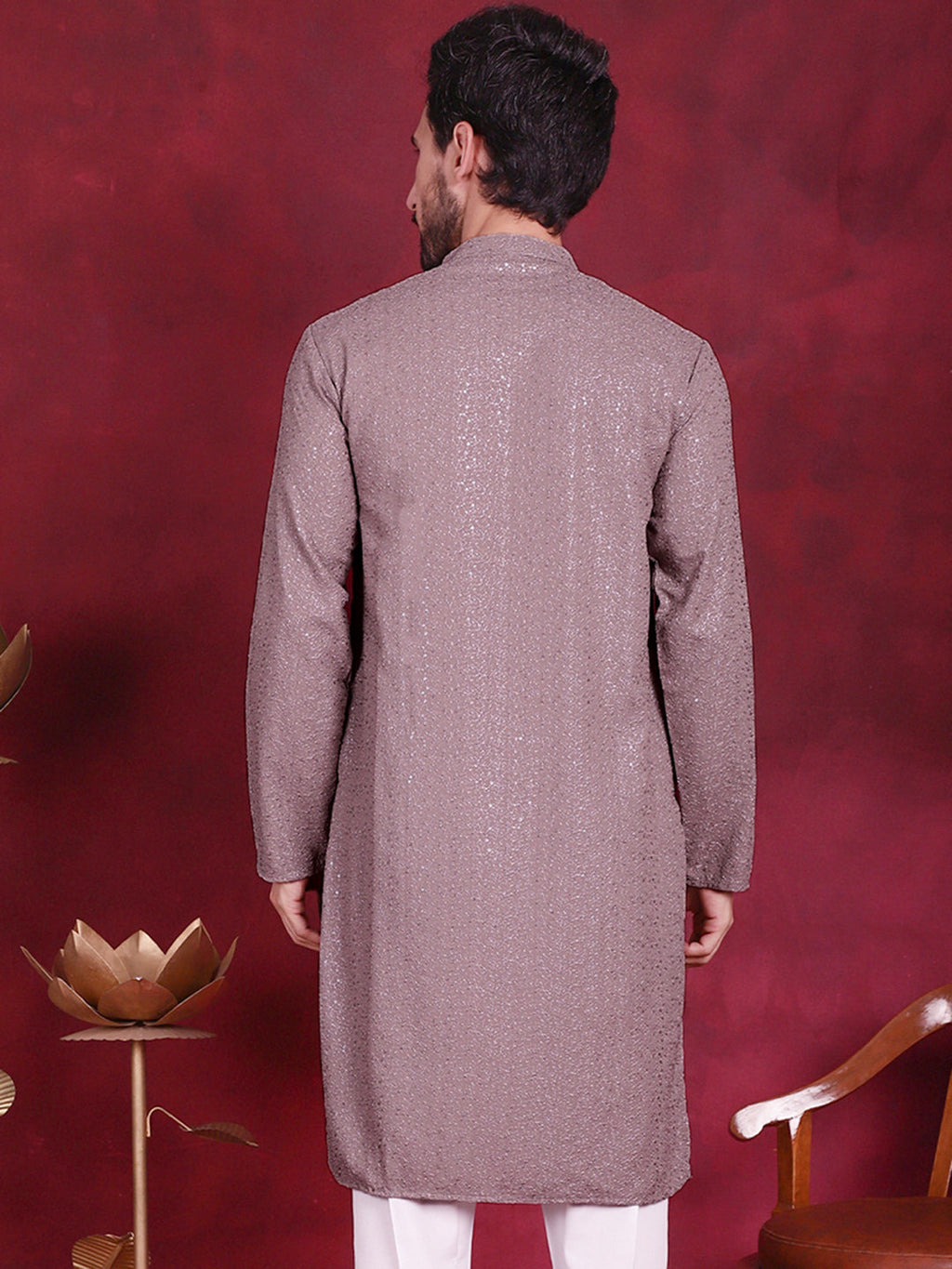 Jompers Men's Sequins Chikankari Kurta - Grey | Grocsy