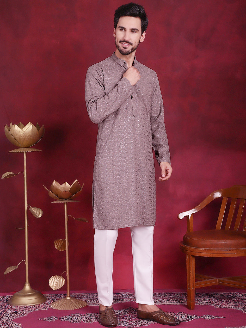 Jompers Men's Sequins Chikankari Kurta - Grey | Grocsy