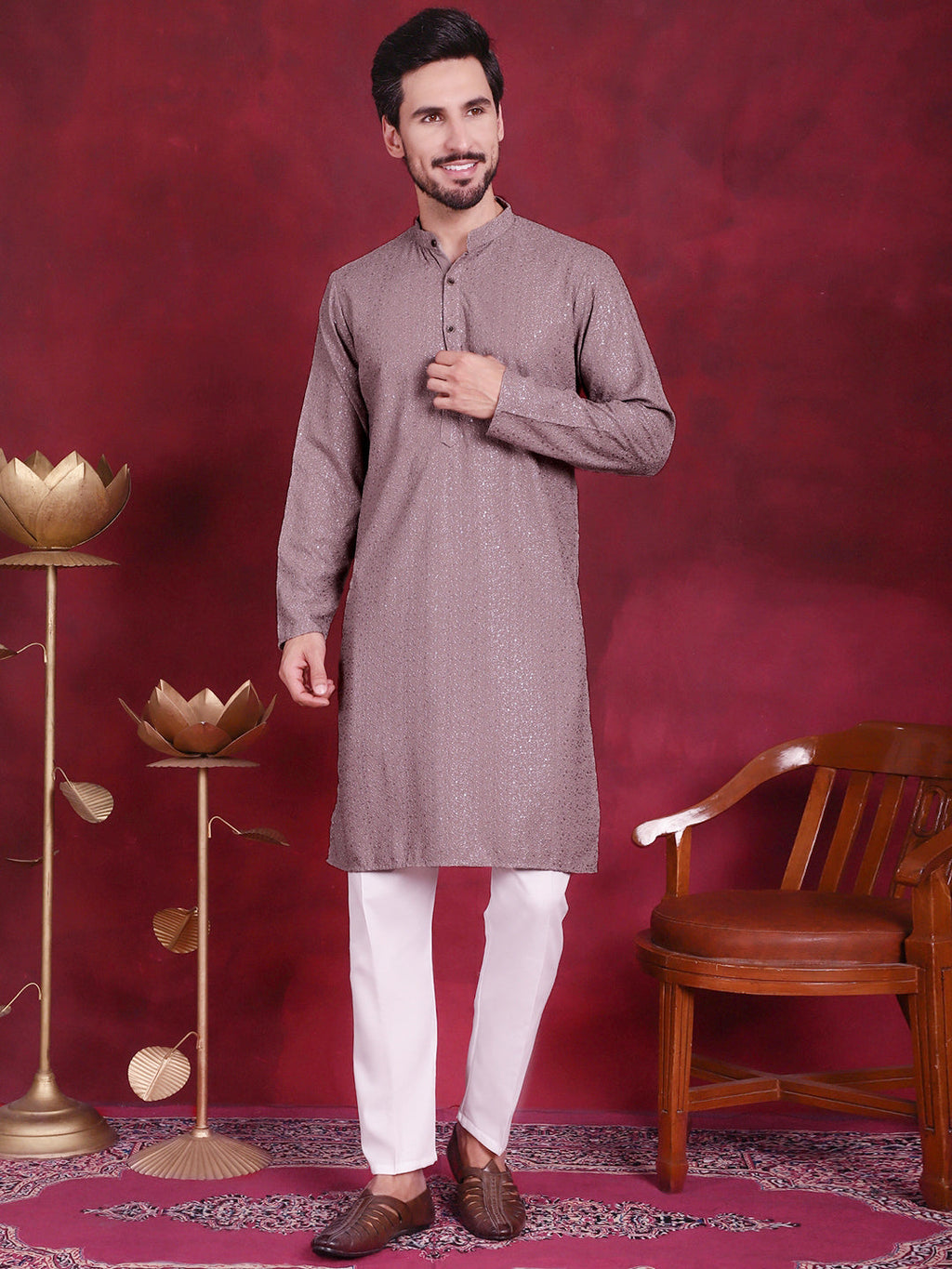 Jompers Men's Sequins Chikankari Kurta - Grey | Grocsy