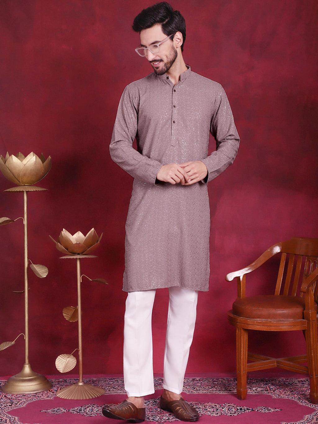 Jompers Men's Sequins Chikankari Kurta - Grey | Grocsy