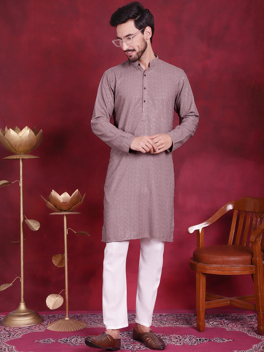 Jompers Men's Sequins Chikankari Kurta - Grey | Grocsy