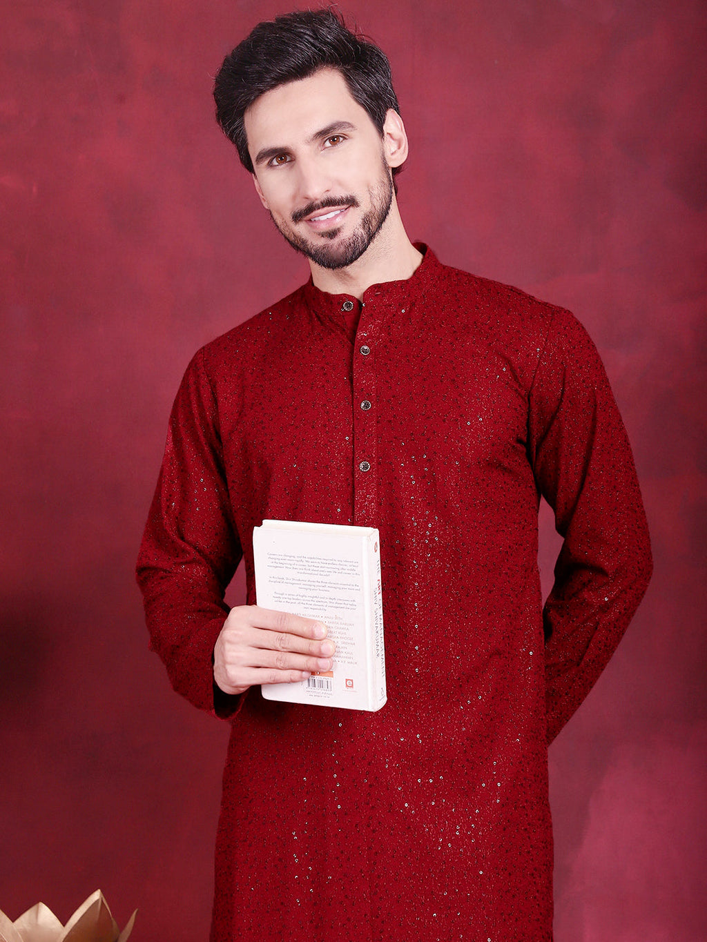 Jompers Men's Sequins Chikankari Kurta - Maroon | Grocsy