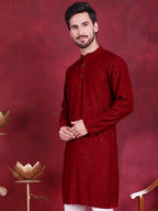 Jompers Men's Sequins Chikankari Kurta - Maroon | Grocsy