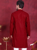Jompers Men's Sequins Chikankari Kurta - Maroon | Grocsy