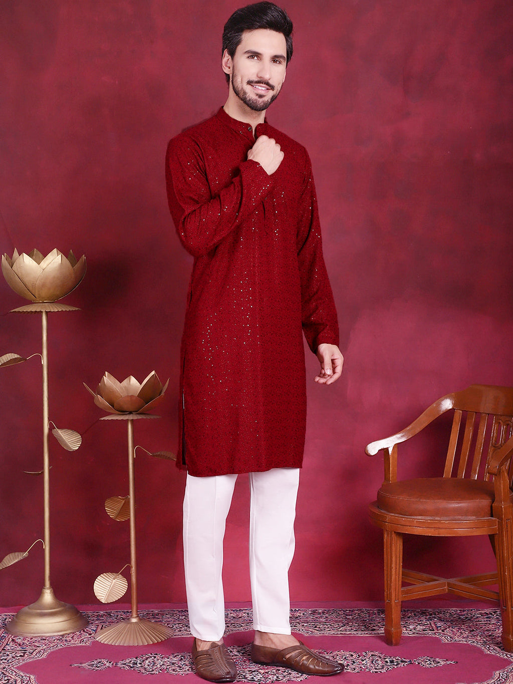 Jompers Men's Sequins Chikankari Kurta - Maroon | Grocsy