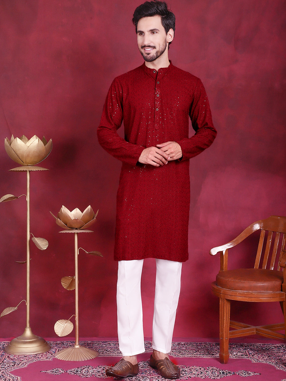 Jompers Men's Sequins Chikankari Kurta - Maroon | Grocsy
