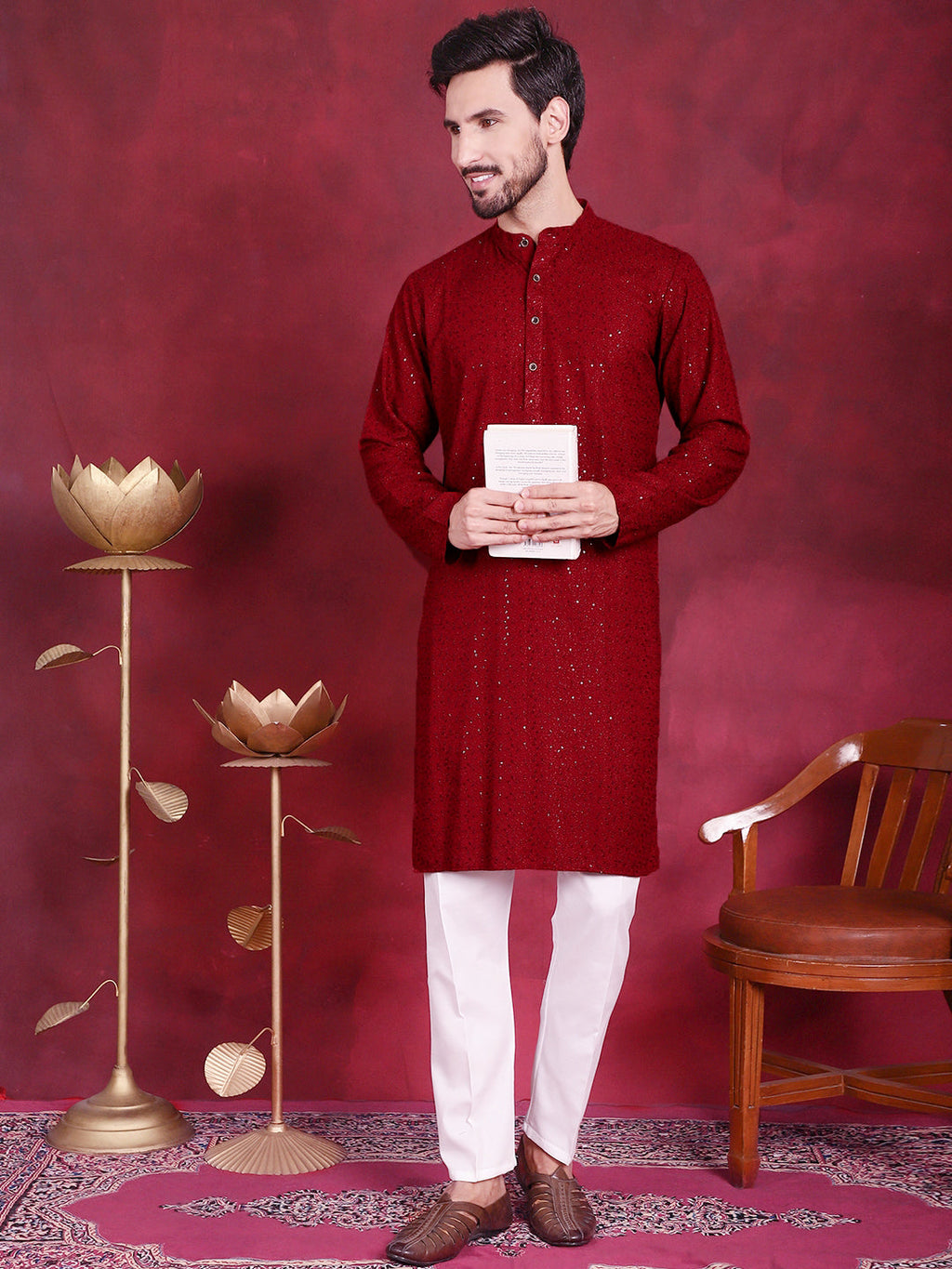 Jompers Men's Sequins Chikankari Kurta - Maroon | Grocsy