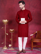 Jompers Men's Sequins Chikankari Kurta - Maroon | Grocsy