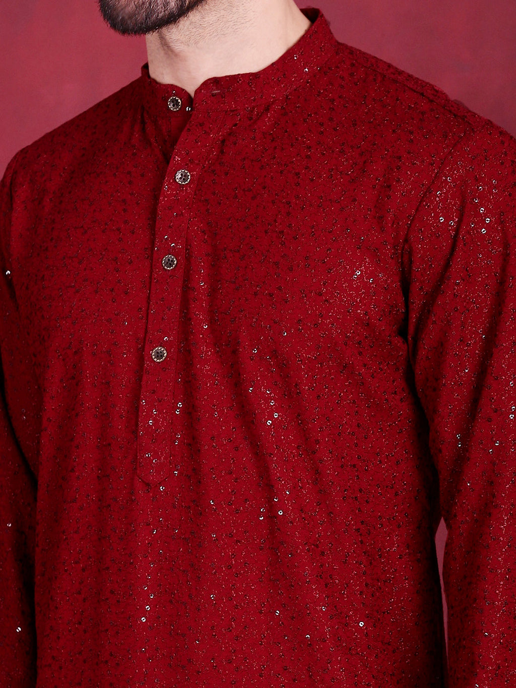 Jompers Men's Sequins Chikankari Kurta - Maroon | Grocsy