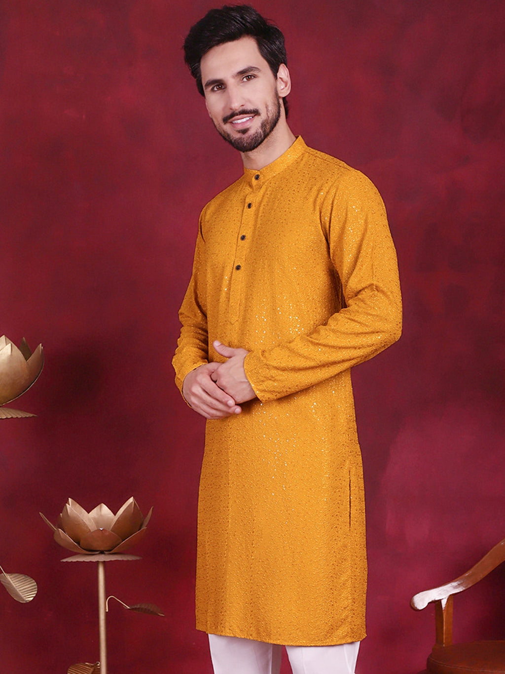 Jompers Men's Sequins Chikankari Kurta - Mustard | Grocsy