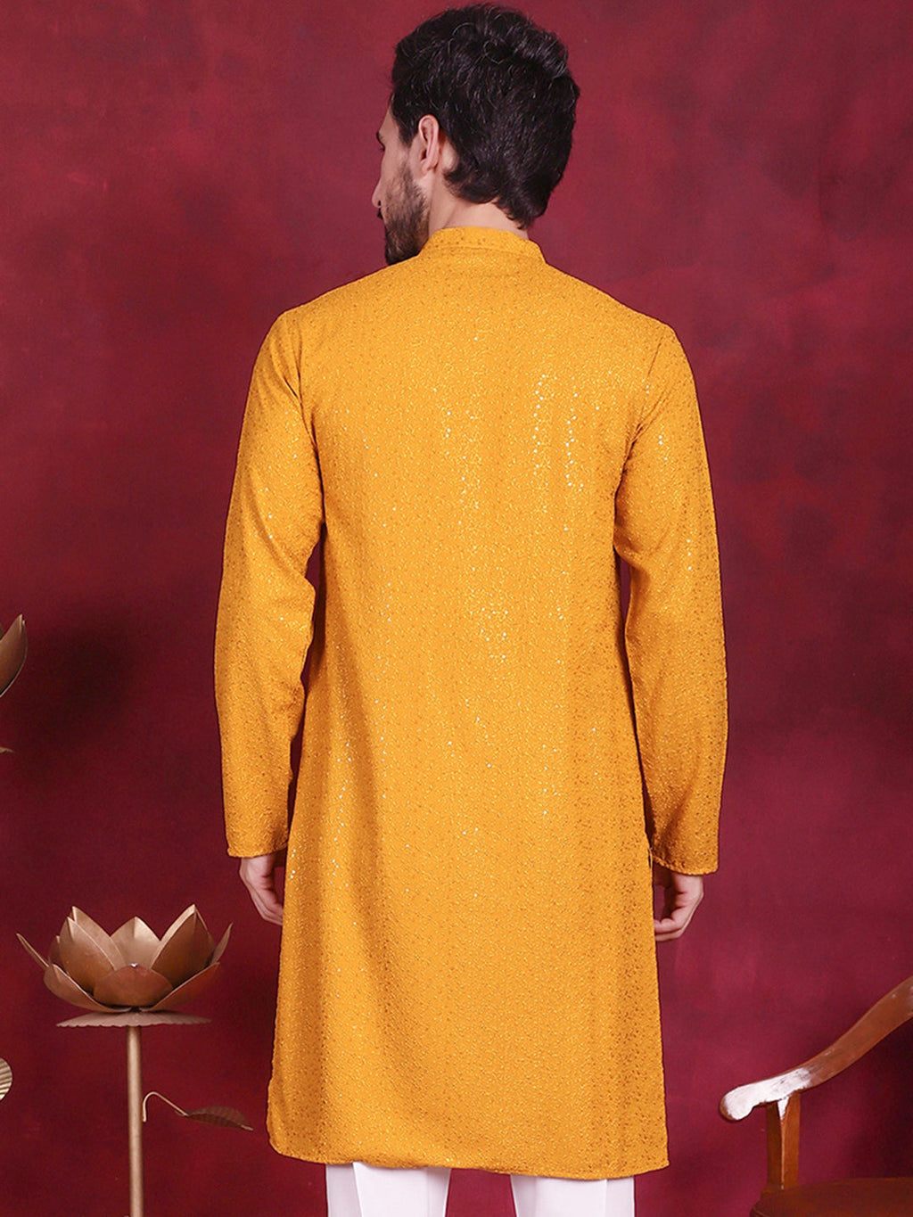 Jompers Men's Sequins Chikankari Kurta - Mustard | Grocsy