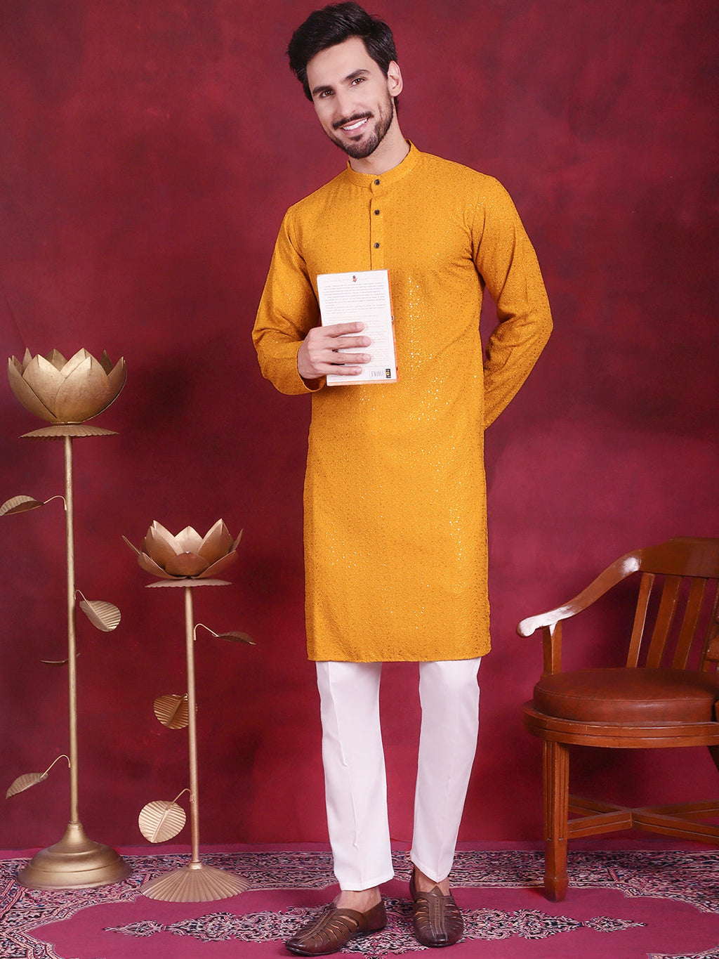 Jompers Men's Sequins Chikankari Kurta - Mustard | Grocsy