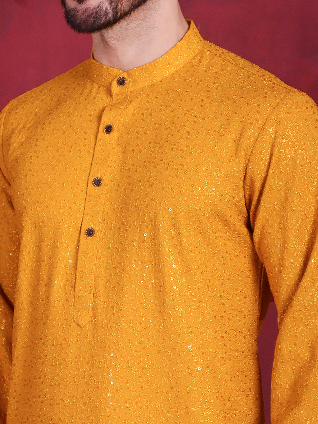 Jompers Men's Sequins Chikankari Kurta - Mustard | Grocsy