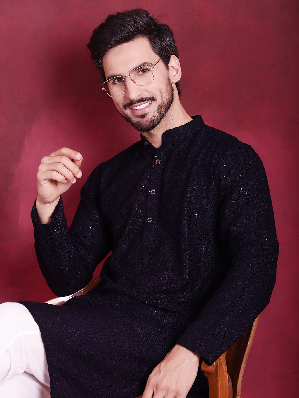 Jompers Men's Sequins Chikankari Kurta - Navy Blue | Grocsy