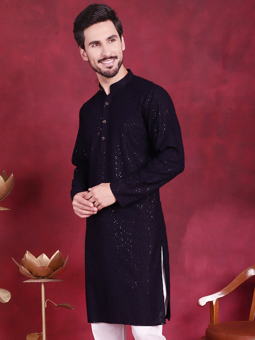 Jompers Men's Sequins Chikankari Kurta - Navy Blue | Grocsy