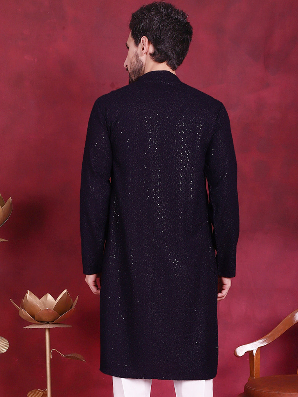 Jompers Men's Sequins Chikankari Kurta - Navy Blue | Grocsy