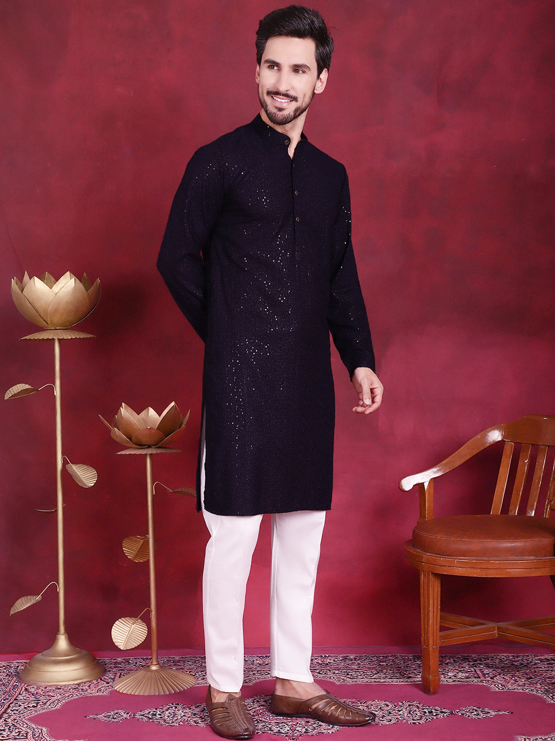 Jompers Men's Sequins Chikankari Kurta - Navy Blue | Grocsy
