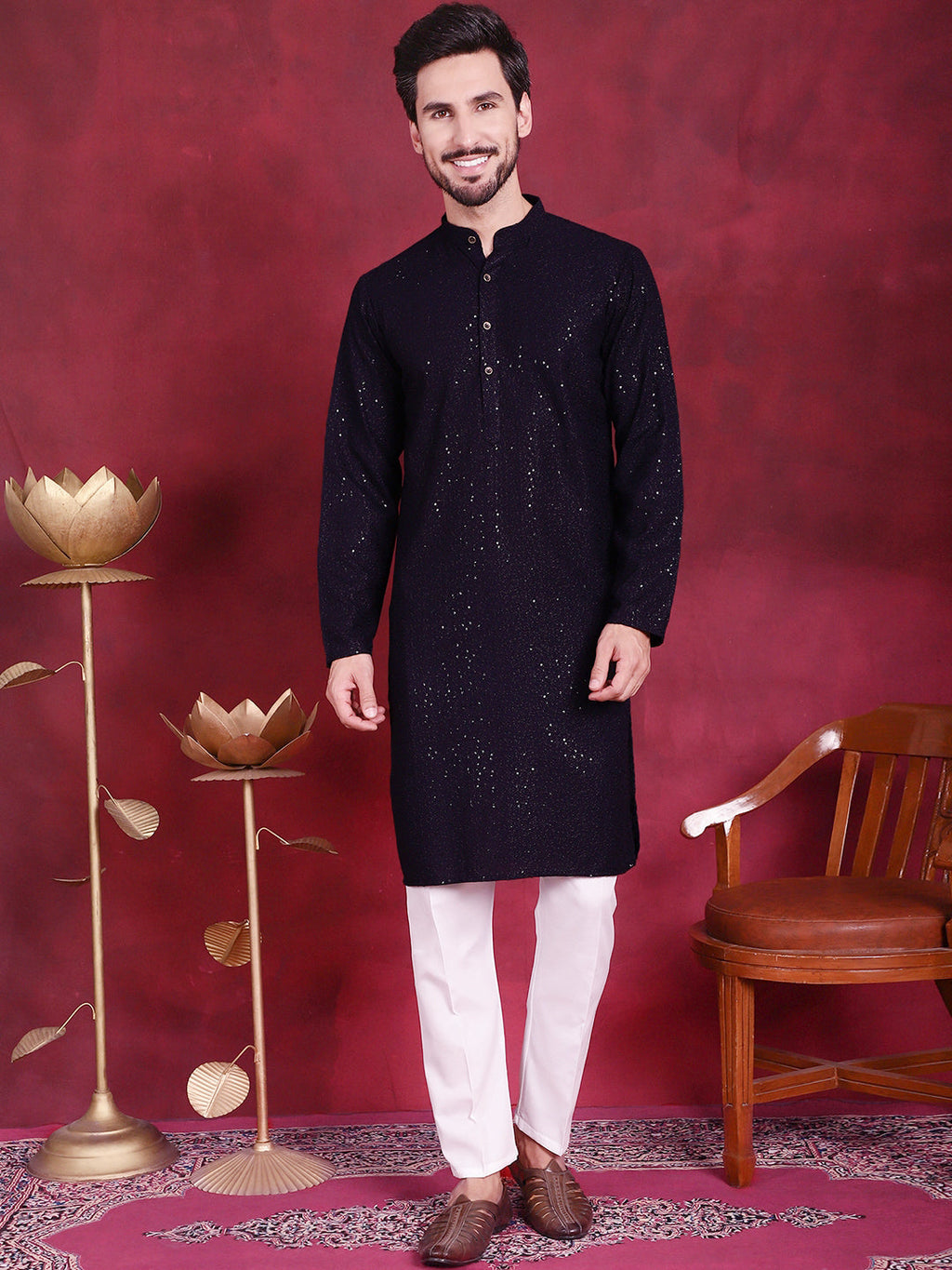 Jompers Men's Sequins Chikankari Kurta - Navy Blue | Grocsy