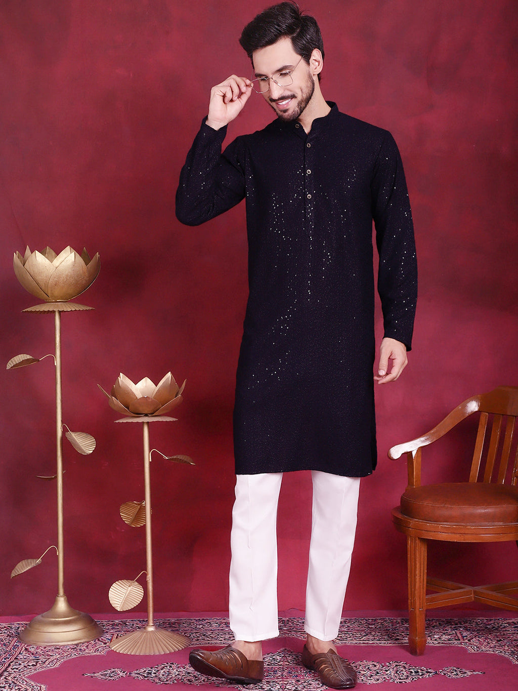 Jompers Men's Sequins Chikankari Kurta - Navy Blue | Grocsy