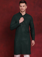 Jompers Men's Sequins Chikankari Kurta - Olive | Grocsy