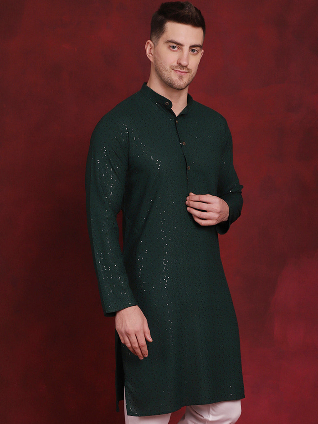 Jompers Men's Sequins Chikankari Kurta - Olive | Grocsy