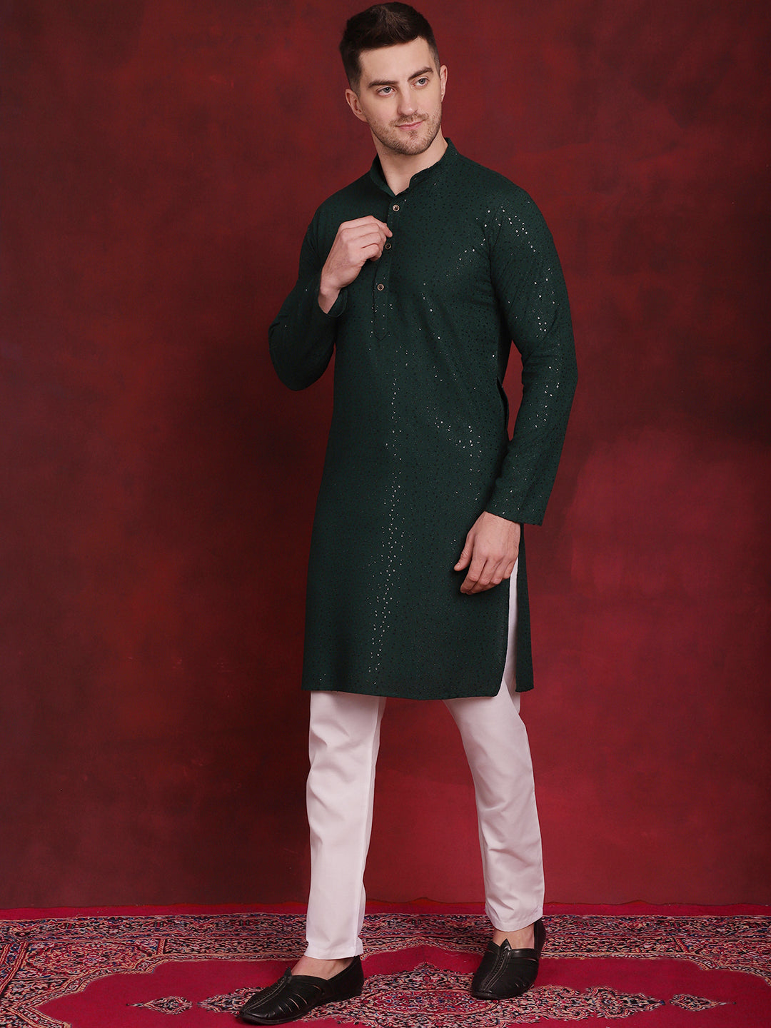 Jompers Men's Sequins Chikankari Kurta - Olive | Grocsy