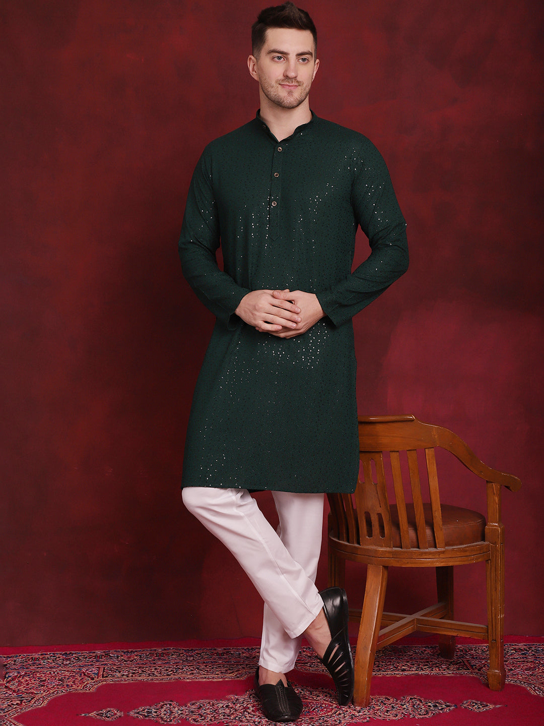 Jompers Men's Sequins Chikankari Kurta - Olive | Grocsy