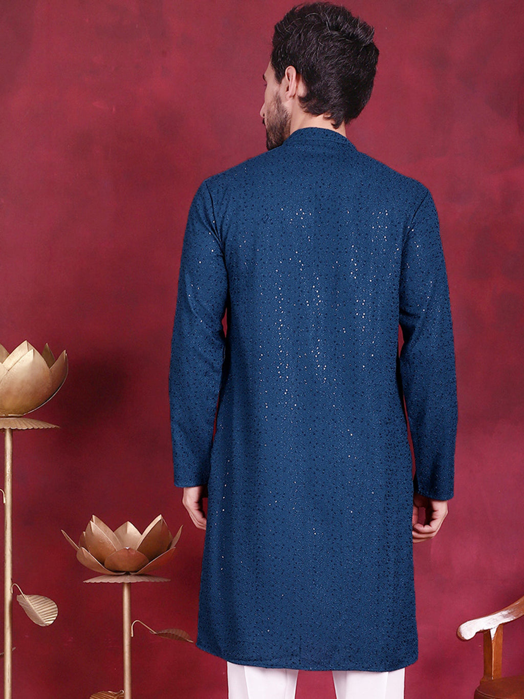 Jompers Men's Sequins Chikankari Kurta - Peacock | Grocsy