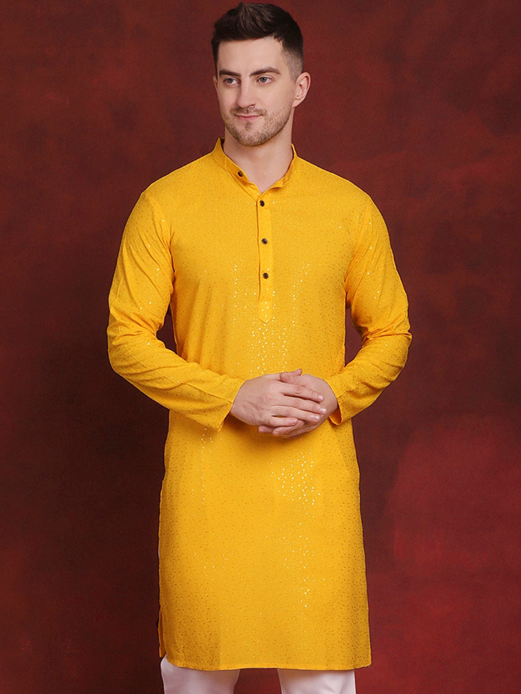 Jompers Men's Sequins Chikankari Kurta - Yellow | Grocsy