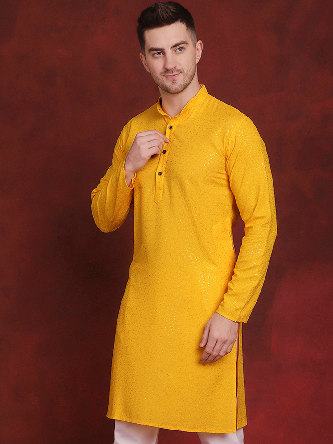 Jompers Men's Sequins Chikankari Kurta - Yellow | Grocsy