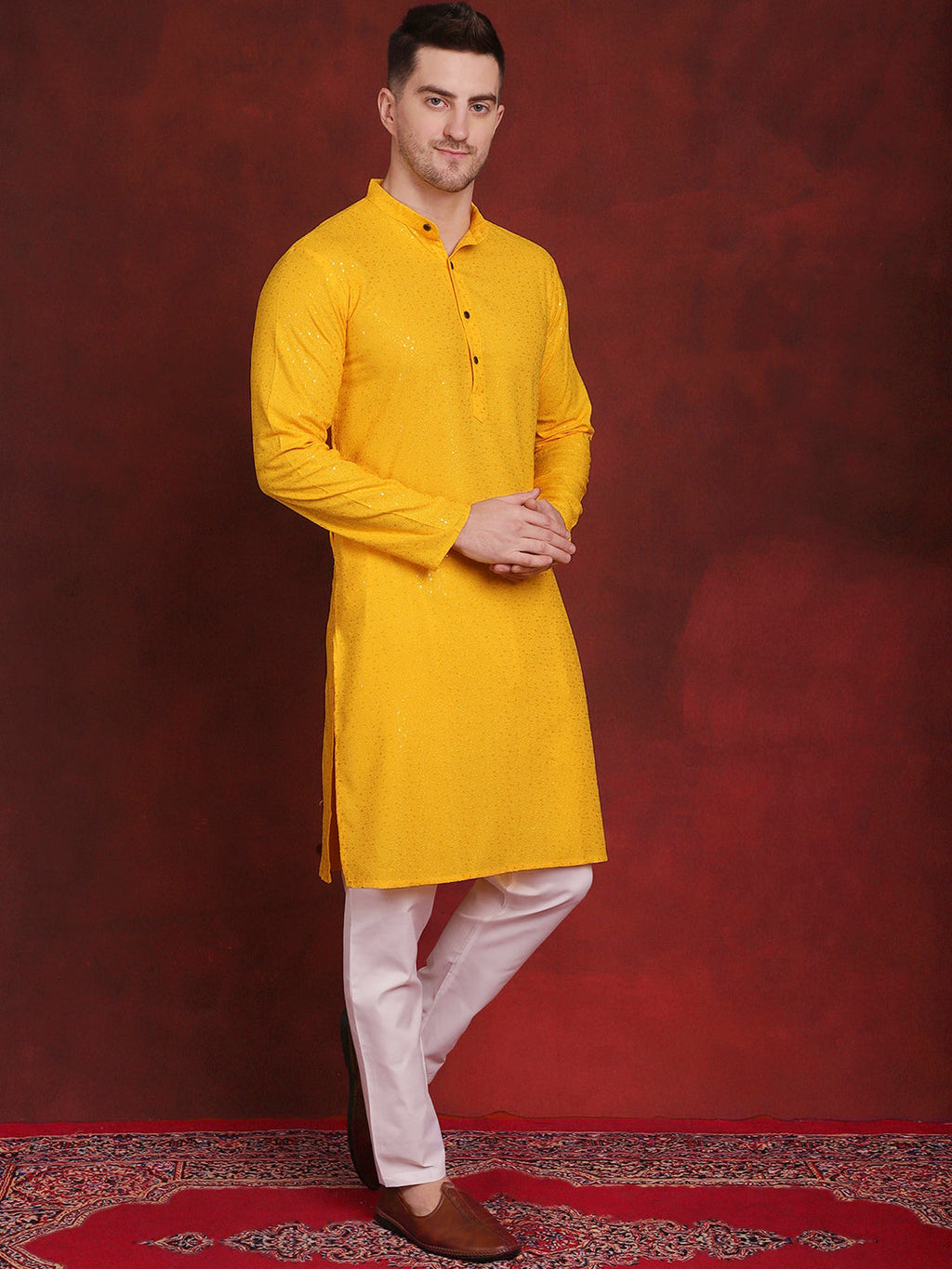 Jompers Men's Sequins Chikankari Kurta - Yellow | Grocsy