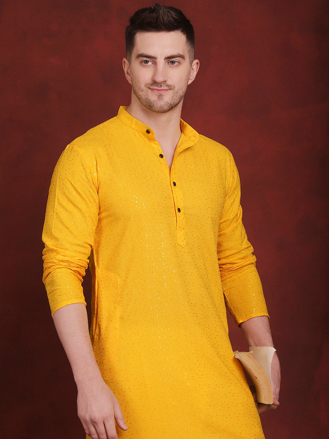 Jompers Men's Sequins Chikankari Kurta - Yellow | Grocsy