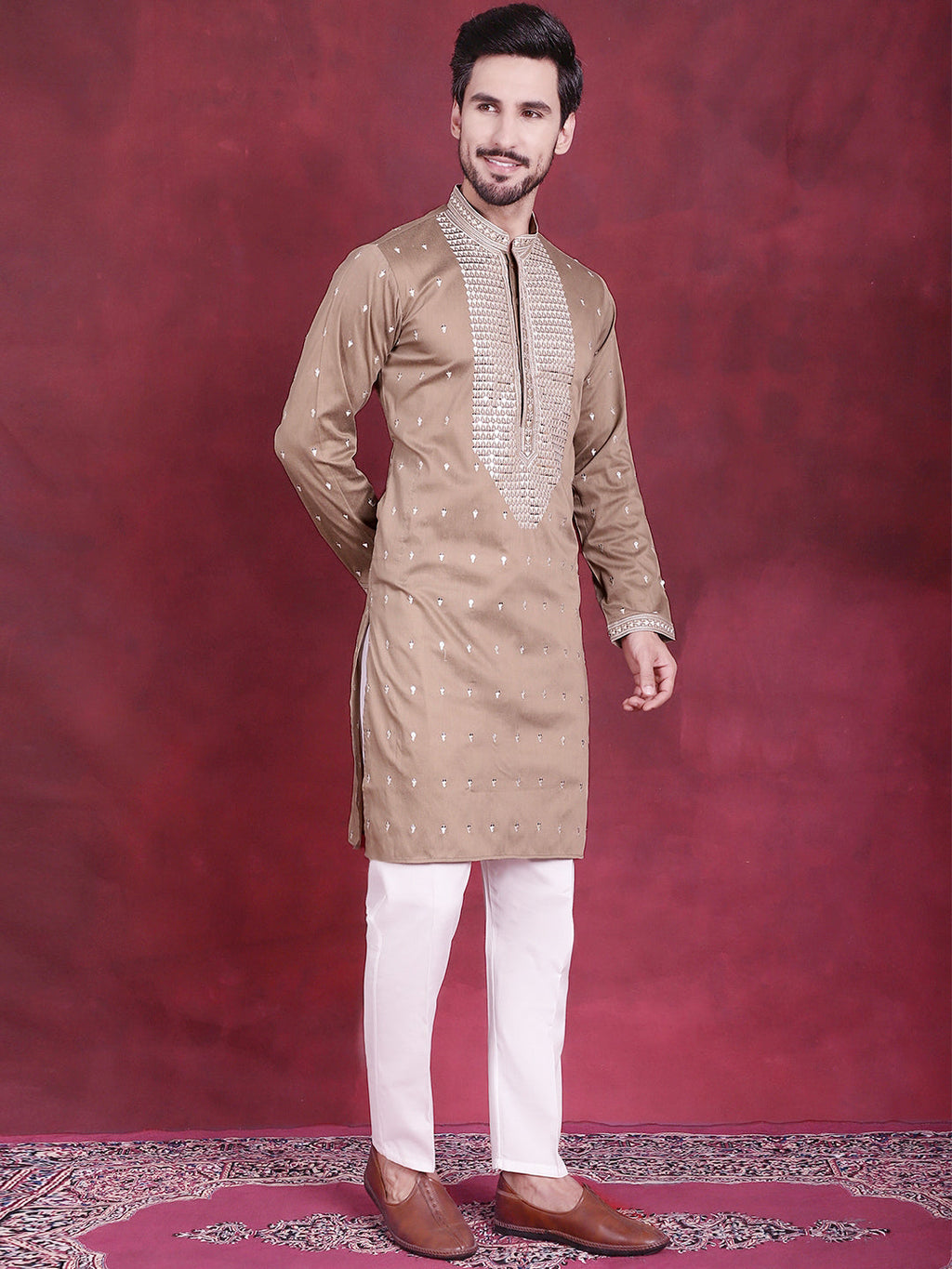 Jompers Men's Sequins Embroidered Kurta - Beige | Grocsy