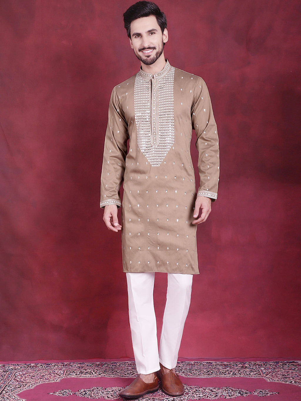 Jompers Men's Sequins Embroidered Kurta - Beige | Grocsy