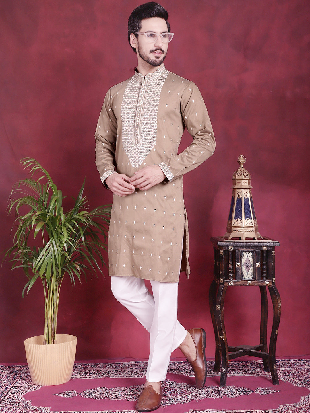 Jompers Men's Sequins Embroidered Kurta - Beige | Grocsy