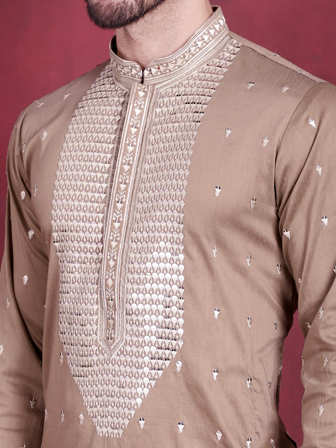 Jompers Men's Sequins Embroidered Kurta - Beige | Grocsy