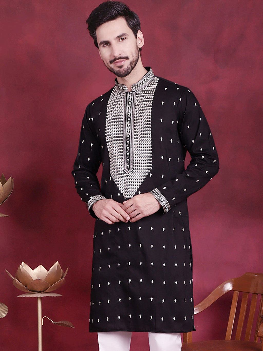 Jompers Men's Sequins Embroidered Kurta - Black | Grocsy