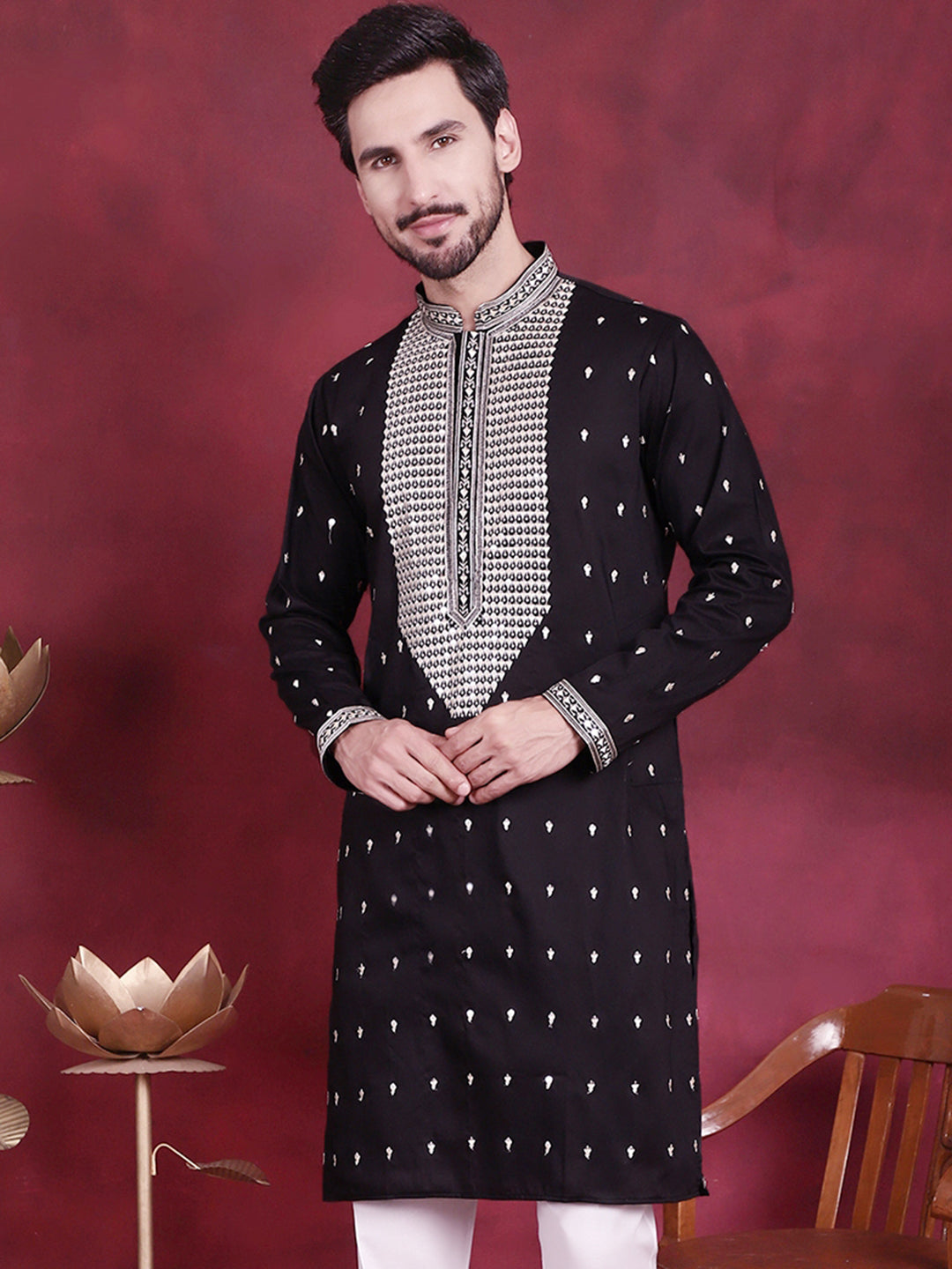 Jompers Men's Sequins Embroidered Kurta - Black | Grocsy