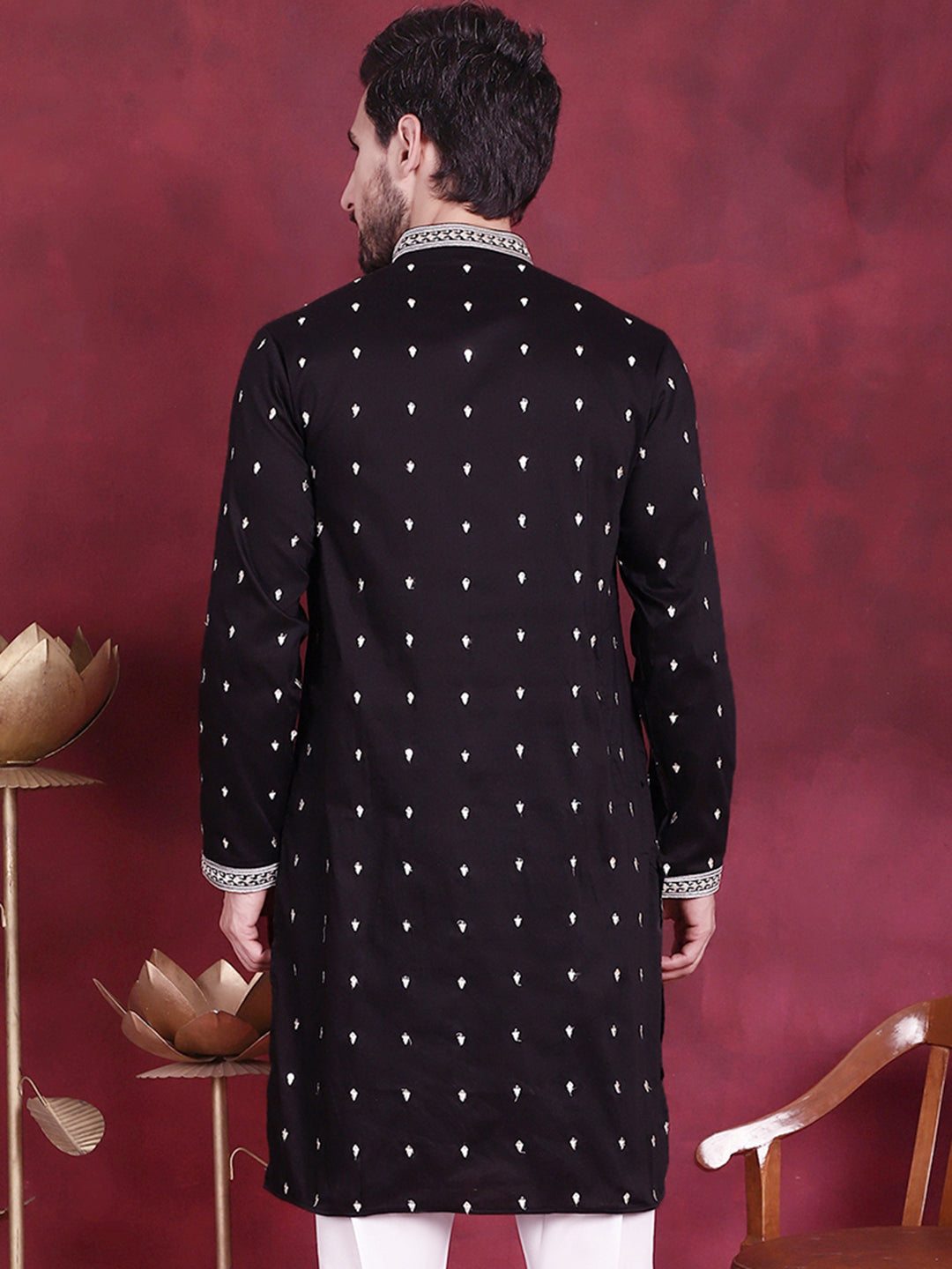 Jompers Men's Sequins Embroidered Kurta - Black | Grocsy