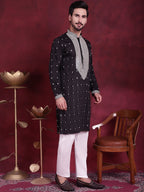 Jompers Men's Sequins Embroidered Kurta - Black | Grocsy