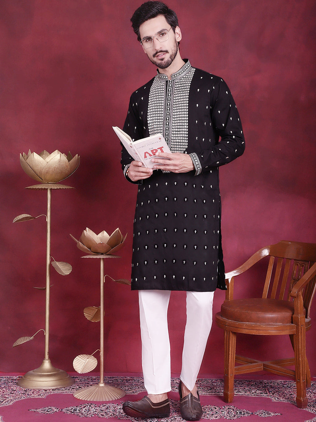Jompers Men's Sequins Embroidered Kurta - Black | Grocsy