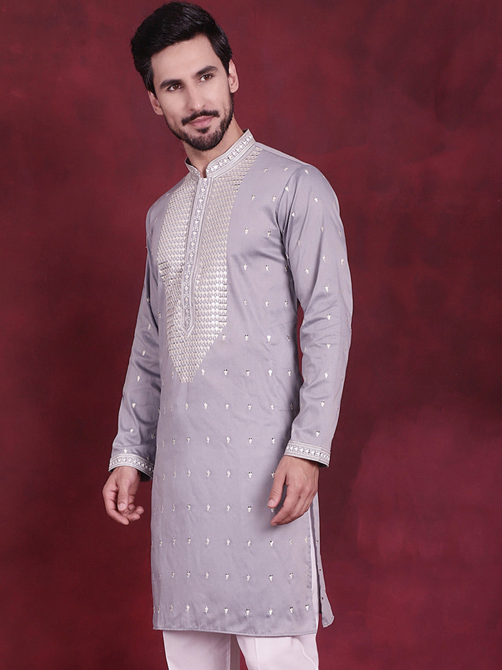 Jompers Men's Sequins Embroidered Kurta - Grey | Grocsy