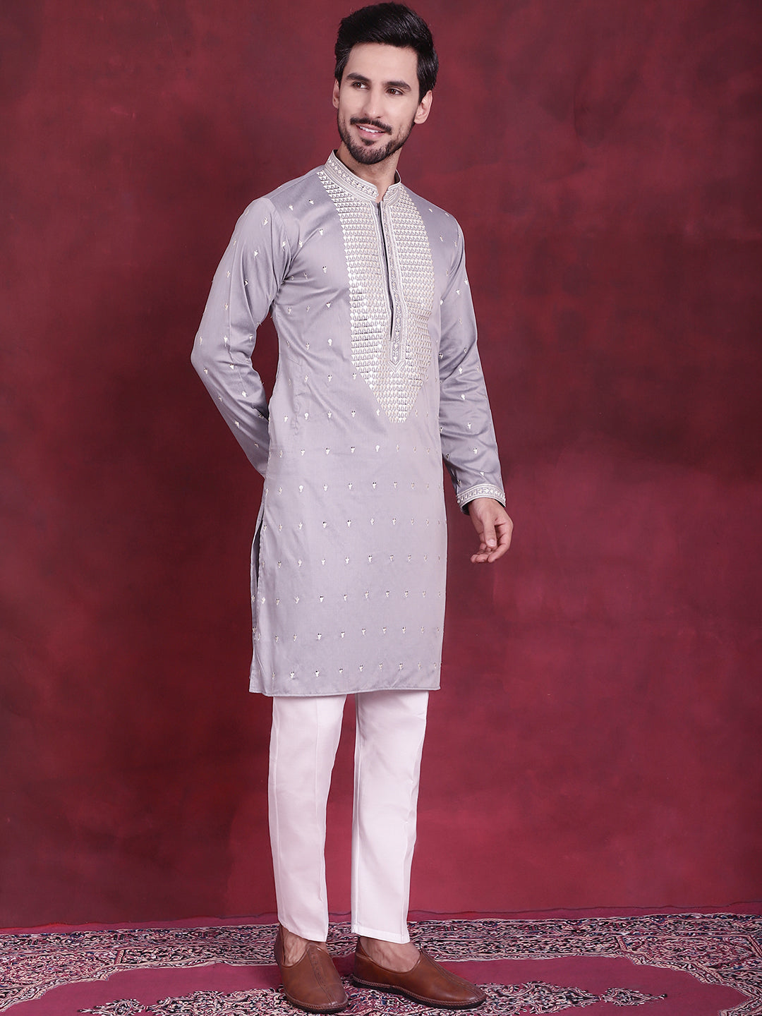 Jompers Men's Sequins Embroidered Kurta - Grey | Grocsy