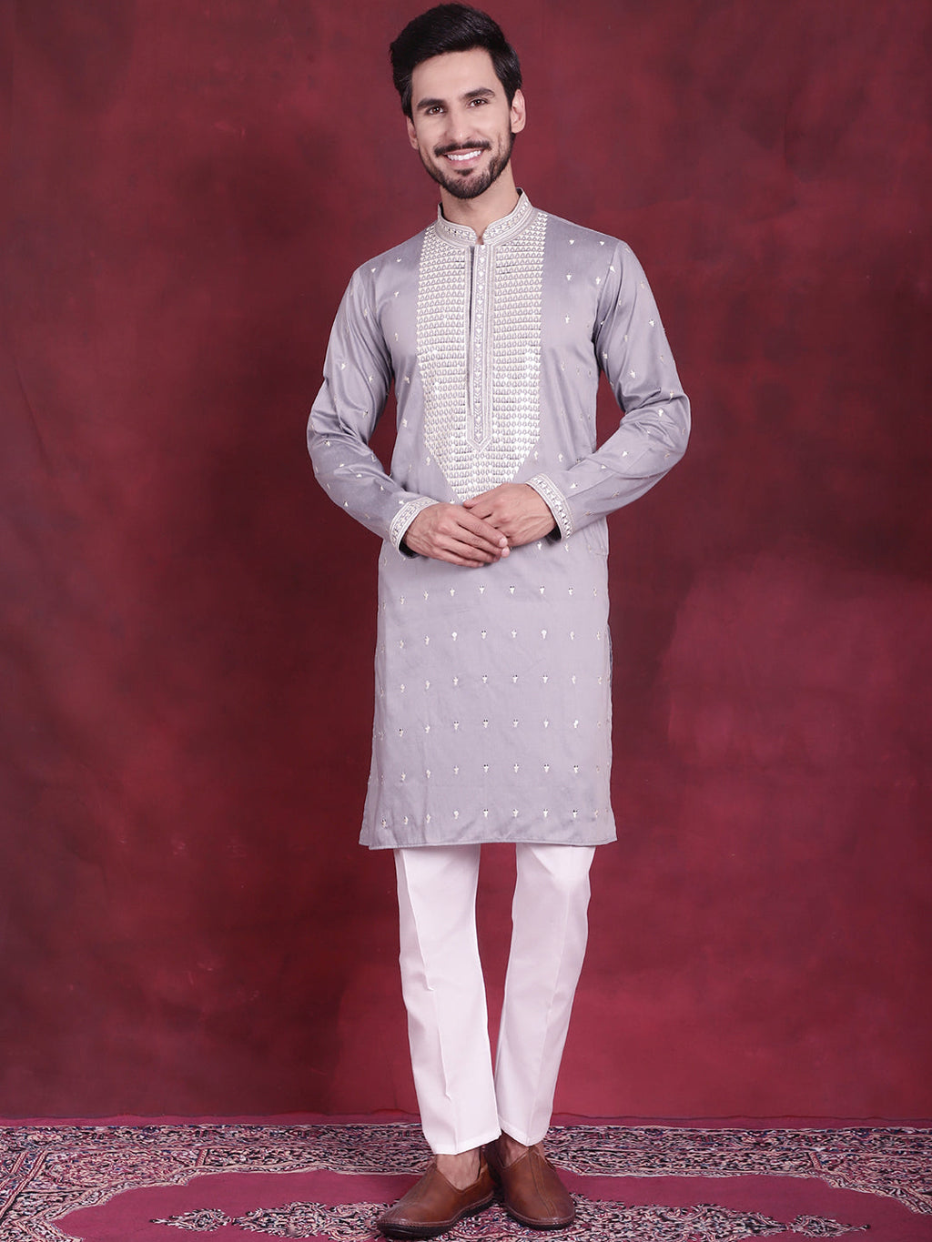 Jompers Men's Sequins Embroidered Kurta - Grey | Grocsy