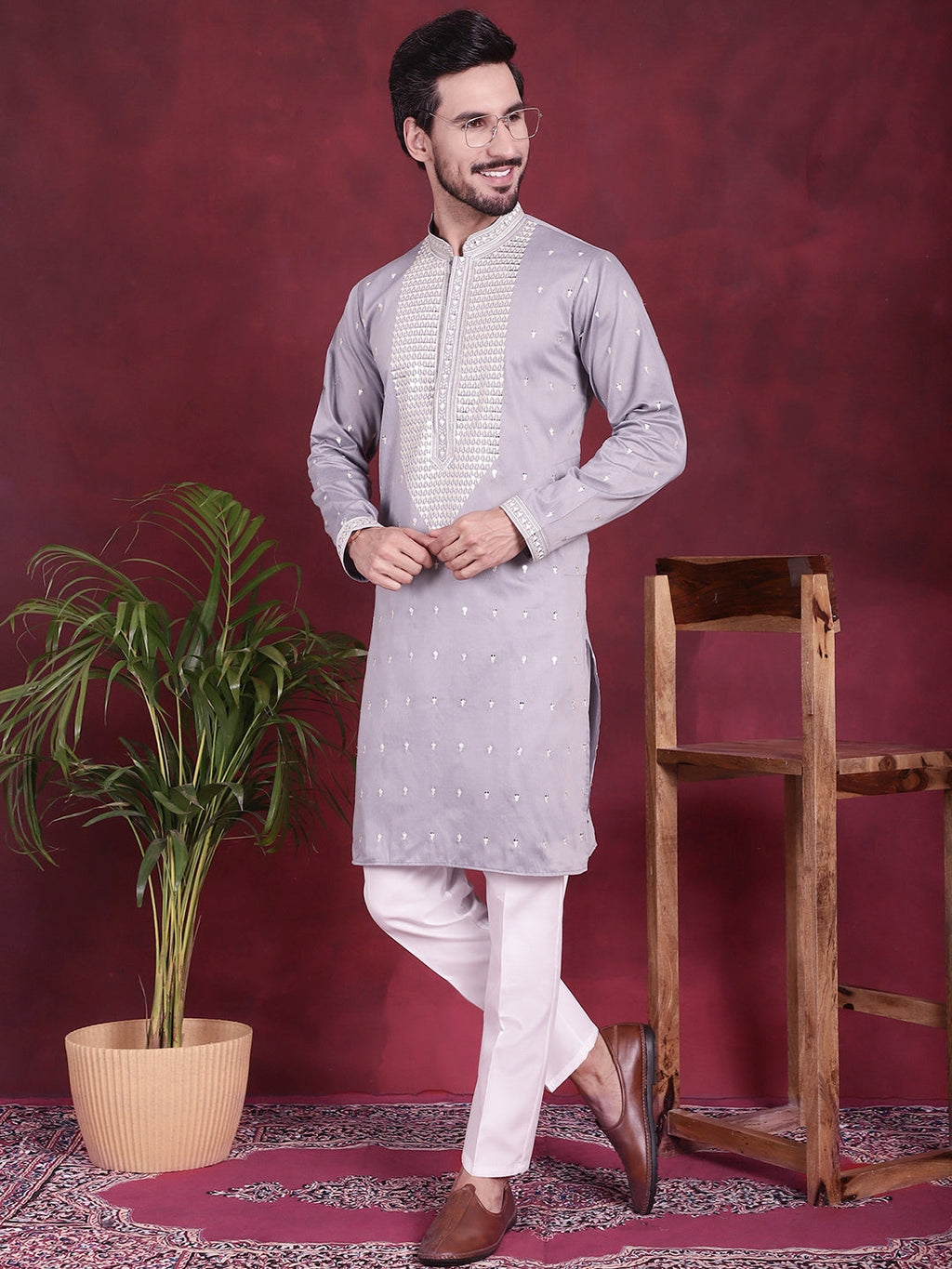 Jompers Men's Sequins Embroidered Kurta - Grey | Grocsy